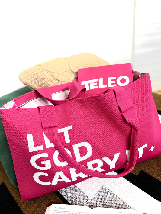 Teleo-Let God Carry It Knit Tote & Wristlet|Pink