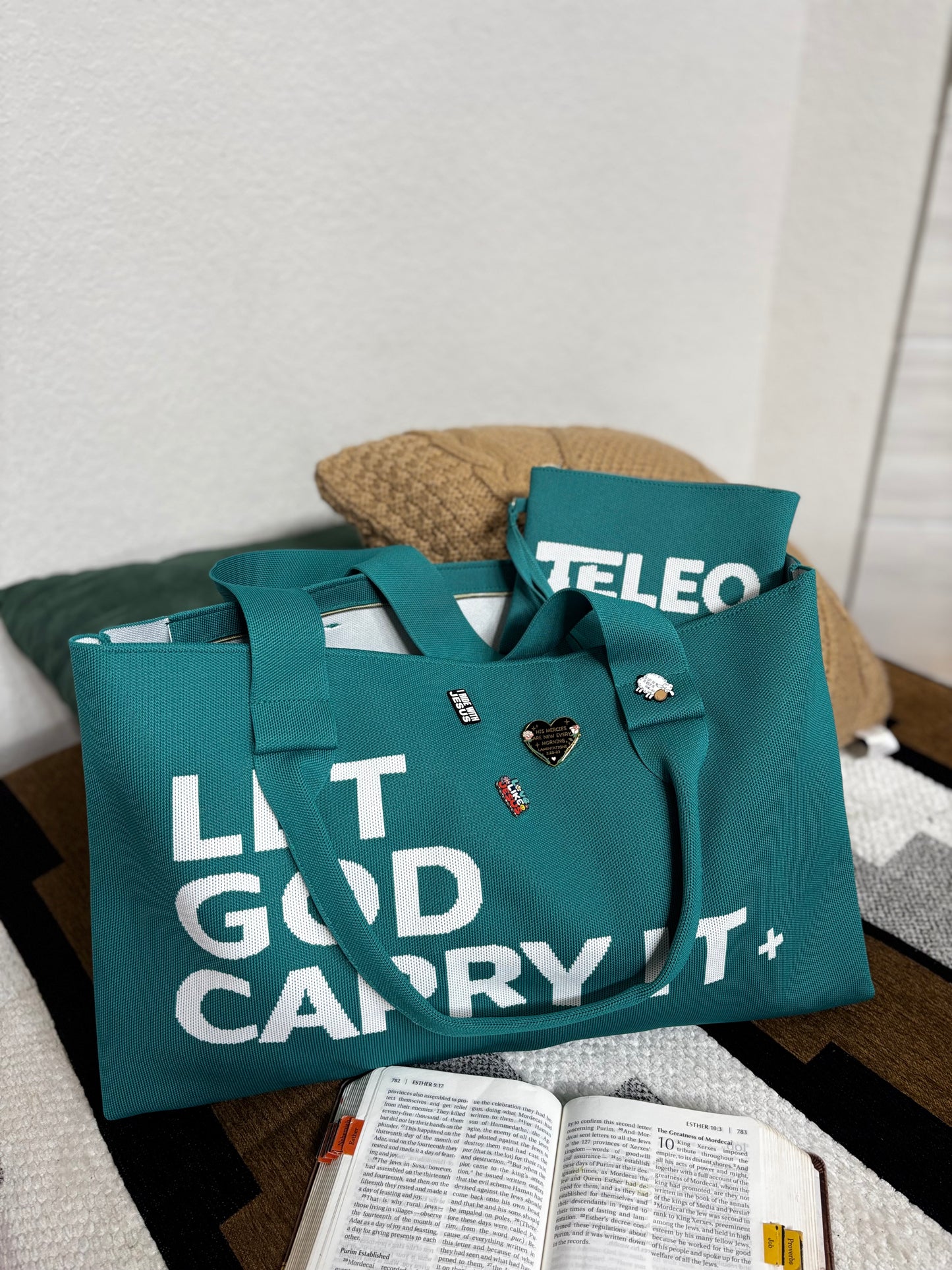 Teleo-Let God Carry It Knit Tote & Wristlet|Teal