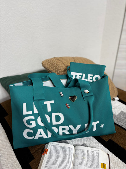 Teleo-Let God Carry It Knit Tote & Wristlet|Teal
