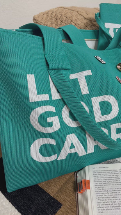 Teleo-Let God Carry It Knit Tote & Wristlet|Teal